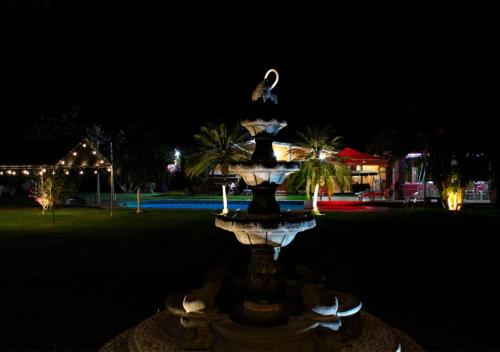een fontein met een zwaan erop 's nachts bij Quinta Diana in Atlacholoaya