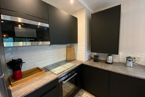 une cuisine avec des armoires noires et un comptoir dans l'établissement Aesthetics - 2 bedrooms and secure parking!, à Montpellier