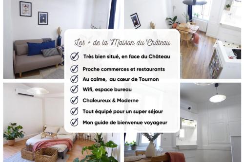 a collage of photos of a living room with a sign at Private house in the center near the Castle in Tournon-sur-Rhône
