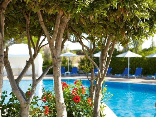 a swimming pool with trees and chairs and flowers at Grecotel Meli Palace in Sisi