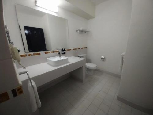 a bathroom with a sink and a toilet and a mirror at Santa Maria del Cabo in San José del Cabo