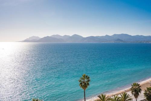 une vue sur une plage avec des palmiers et l'océan dans l'établissement Wonderful 2 bedroom apartment with sea view, à Cannes