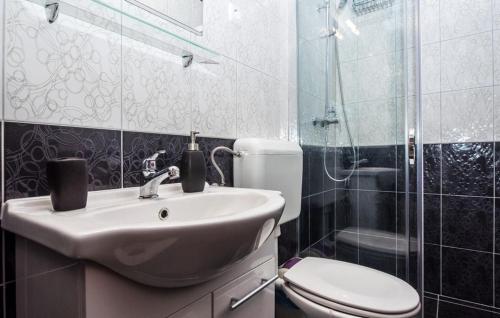 W łazience znajduje się umywalka, toaleta i prysznic. w obiekcie Seaside apartments with a swimming pool Krilo Jesenice, Omis - 13898 w mieście Jesenice