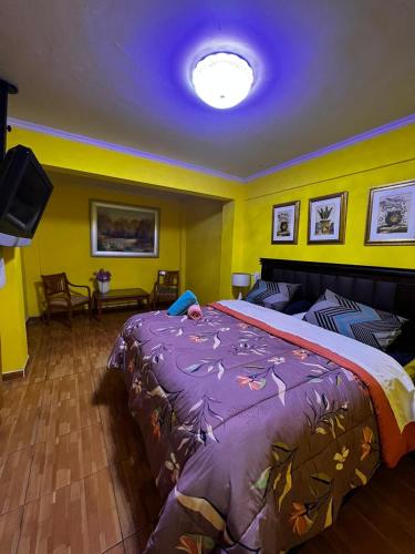 Hotel Thesalia في سانتياغو: غرفة نوم بسرير كبير مع بطانية ارجوانية