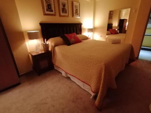 Hotel Thesalia في سانتياغو: غرفة نوم بسريرين ومرآة
