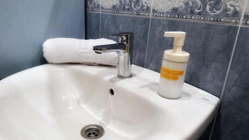 a bathroom sink with a soap dispenser on it at Apartamento Ciudad Jardín con Tranquilidad y WiFi in Bilbao