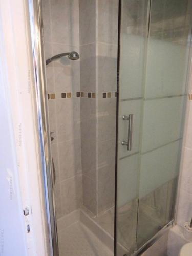 une douche avec une porte vitrée dans une salle de bain dans l'établissement Résidence Héliopolis Bâtiment Fgh - Studio 2 couchages CAP d'AGDE MAE-4574, au Cap d'Agde