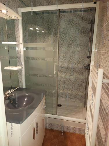 une salle de bain avec un lavabo et une douche dans l'établissement Résidence Héliopolis Bâtiment Ab - Studio Cabine 4 pers - Héliopolis Bât. AB MAE-4624, au Cap d'Agde