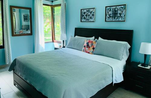 a blue bedroom with a large bed with blue walls at Enjoy Mountain Retreat Close to Panama Beaches in Chame