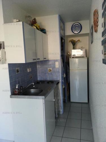 een kleine keuken met een wastafel en een koelkast bij Résidence Port Nature Colline 2 - Studio pour 2 Personnes 191 in Cap d'Agde