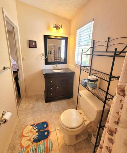 a bathroom with a toilet and a sink and a mirror at Comfy studio in Sarasota in Sarasota