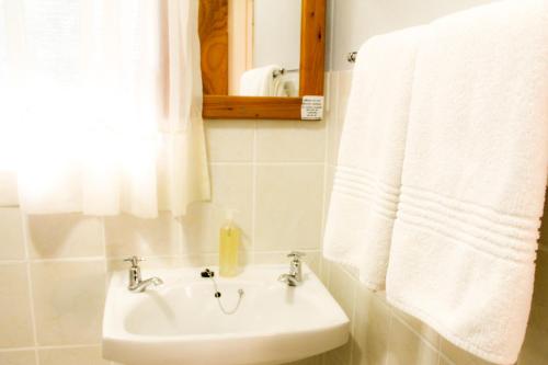a bathroom with a sink and a mirror and towels at Blommenberg Guest House in Clanwilliam