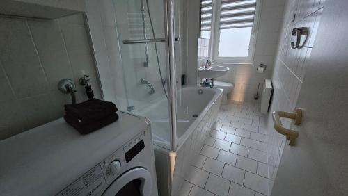 a bathroom with a shower and a washing machine at Ganze 2 Raum Ferienwohnung Rechts in Baderitz