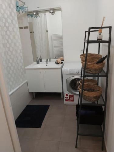 une petite cuisine avec une machine à laver et un évier dans l'établissement Au coin du souffle 3 pièces au pied du Tram T2, à Bezons