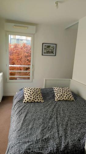 - une chambre avec un lit avec deux oreillers et une fenêtre dans l'établissement Au coin du souffle 3 pièces au pied du Tram T2, à Bezons