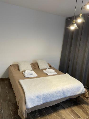 a bed in a room with two pillows on it at Studio bien situé & tout équipé dans une maison in Scionzier
