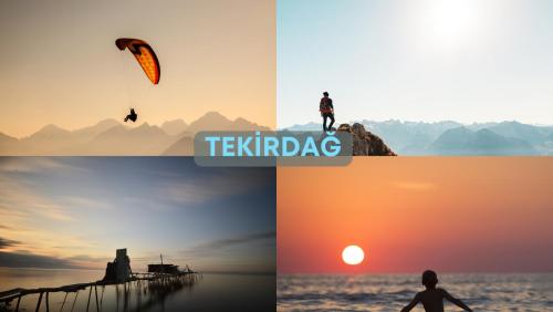 a collage of four pictures of a person flying a kite at Ramada by Wyndham Tekirdağ in Tekirdag