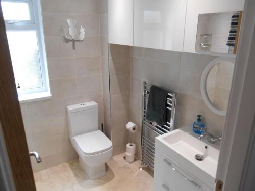 een badkamer met een toilet, een wastafel en een spiegel bij Eliburn Woodside Lodge in Livingston