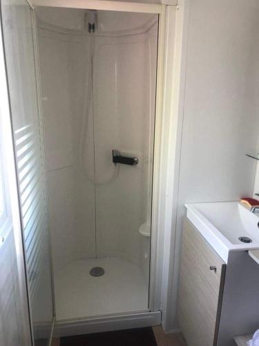 une douche avec une porte vitrée à côté d'un lavabo dans l'établissement Le bois dormant, à Saint-Jean-de-Monts