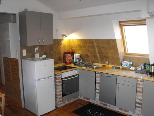 a kitchen with a white refrigerator and a sink at Ezüsthíd Apartman in Balatongyörök