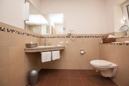 y baño con aseo, lavabo y espejo. en Hotel Wilhelmshöhe Auderath, en Auderath
