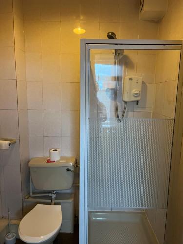 a small bathroom with a toilet and a shower at Barley Mow Hotel in Pontefract