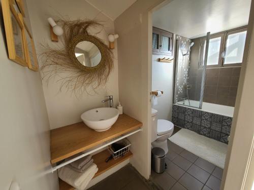 uma casa de banho com um lavatório, um WC e um espelho. em Plan B em Saint-Jean-Pied-de-Port