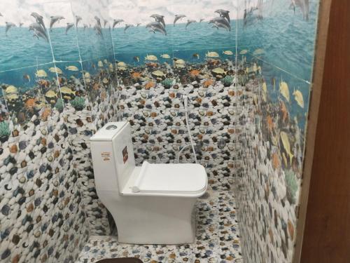 a bathroom with a toilet and a mural of birds at Stay With Us Home Stay in Jaisalmer