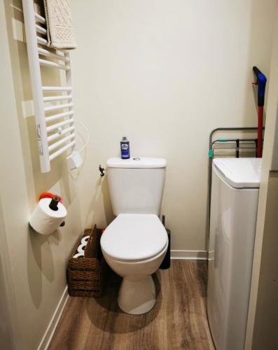 une salle de bain avec des toilettes blanches et un lavabo dans l'établissement Studio 29, à Nîmes