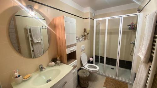 une salle de bain avec un lavabo, des toilettes et un miroir dans l'établissement Résidence Grange Catharina - Superbe appartement a proximité des pistes et des commerces MAE-7704, à Montgenèvre
