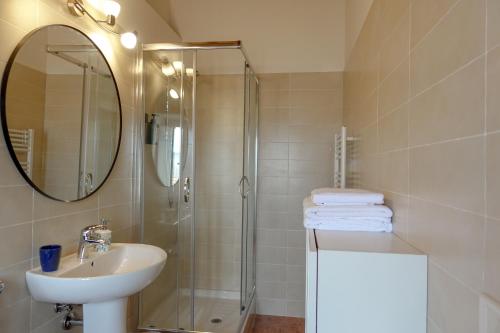 y baño con lavabo y ducha con espejo. en CASA NINETTA GUEST HOUSE, en Urbisaglia