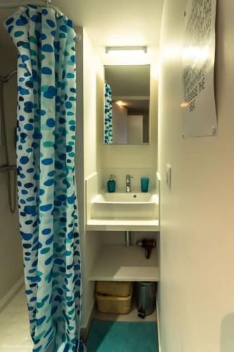 La salle de bains est pourvue d'un lavabo et d'un rideau de douche bleu. dans l'établissement T1 Cosy prox. Gare , commerces et centre ville, à Villeurbanne