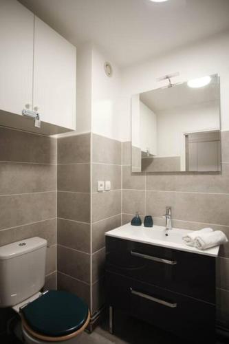 une salle de bain avec toilettes et lavabo dans l'établissement L'Ecrin Bleu Parking-Clim-Cosy, à Sète