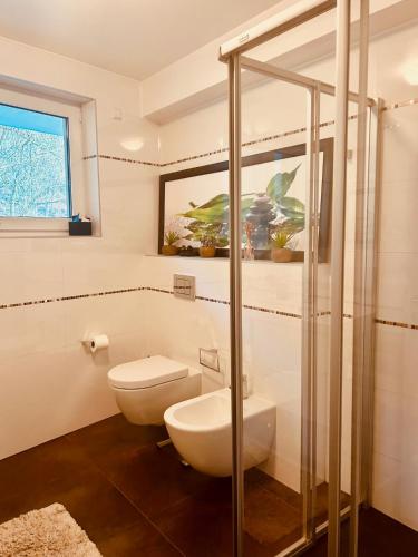 a bathroom with a toilet and a glass shower at Hesp Guest House in Hesperange
