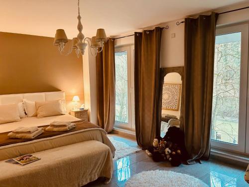 a bedroom with two beds and a large window at Hesp Guest House in Hesperange