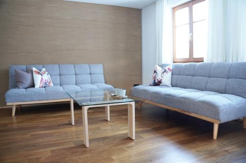 a living room with two blue couches and a coffee table at Landwohnung in Lingenau