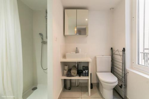 une salle de bain avec toilettes, lavabo et douche dans l'établissement T1 Cocon prox. Gare/Métro, commerces, Lyon centre, à Villeurbanne