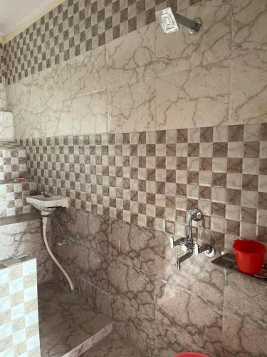 a bathroom with a tiled shower with a sink and a shower at Badriniwas homestays in Almora