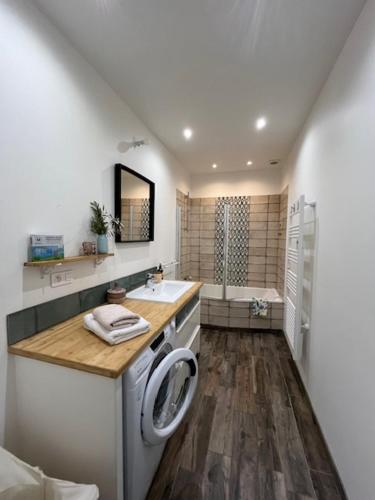 une salle de bain avec une machine à laver et un lavabo dans l'établissement Superbe appartement spacieux, calme, central, à Toulon