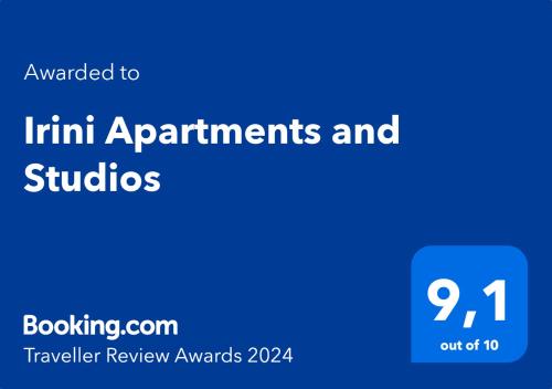 un rectángulo azul con las palabras imprimir apartamentos y estudios sobre él en Irini Apartments and Studios, en Kavos