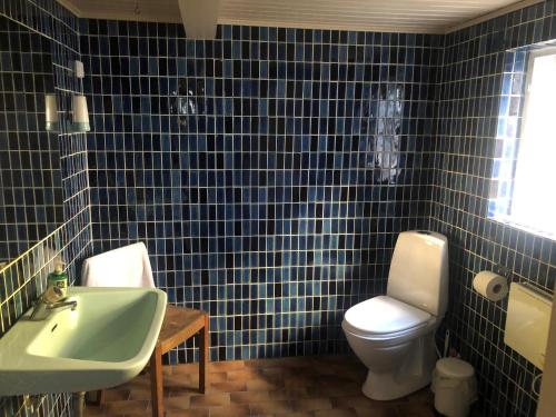 W wyłożonej niebieskimi kafelkami łazience znajduje się toaleta i umywalka. w obiekcie Strandvejen 52, Reersø w mieście Reersø