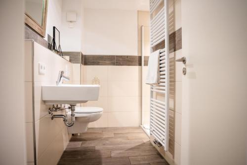 La salle de bains est pourvue d'un lavabo et de toilettes. dans l'établissement Landgasthof Zum Goldenen Anker, à Eggenstein-Leopoldshafen