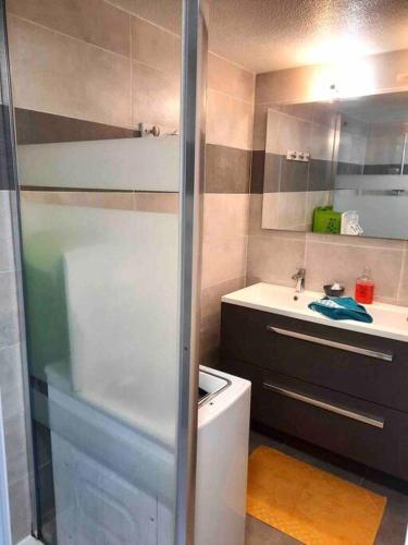 une salle de bain avec douche et lavabo dans l'établissement Jolie maisonnette, à Palavas-les-Flots