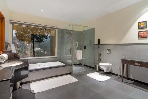 a bathroom with a shower and a sink and a toilet at Moksha Himalaya Spa Resort in Kasauli