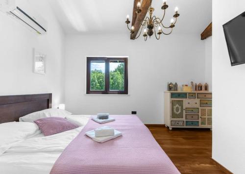 a bedroom with a bed with a pink blanket at Villa Vesna with tennis court in Pićan
