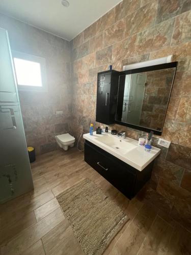 ein Badezimmer mit einem Waschbecken, einem Spiegel und einem WC in der Unterkunft BH villa in Houmt Souk