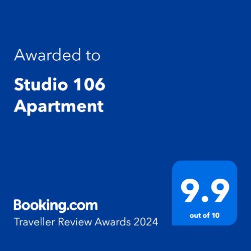 a blue sign with the text awarded to studio apartment at Studio 106 Apartment in Palić