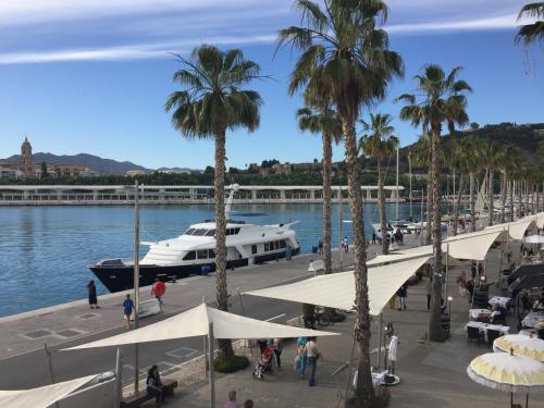 a boat is docked at a dock with palm trees at Regimiento 2, center, new, quite, breakfast included, parking on request, RG in Málaga