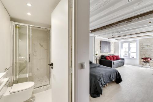 a bedroom with a bed and a bathroom with a shower at mandar in Paris