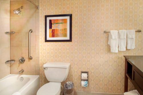 a bathroom with a toilet and a shower and a sink at Crowne Plaza Hotel St. Louis Airport by IHG in Bridgeton